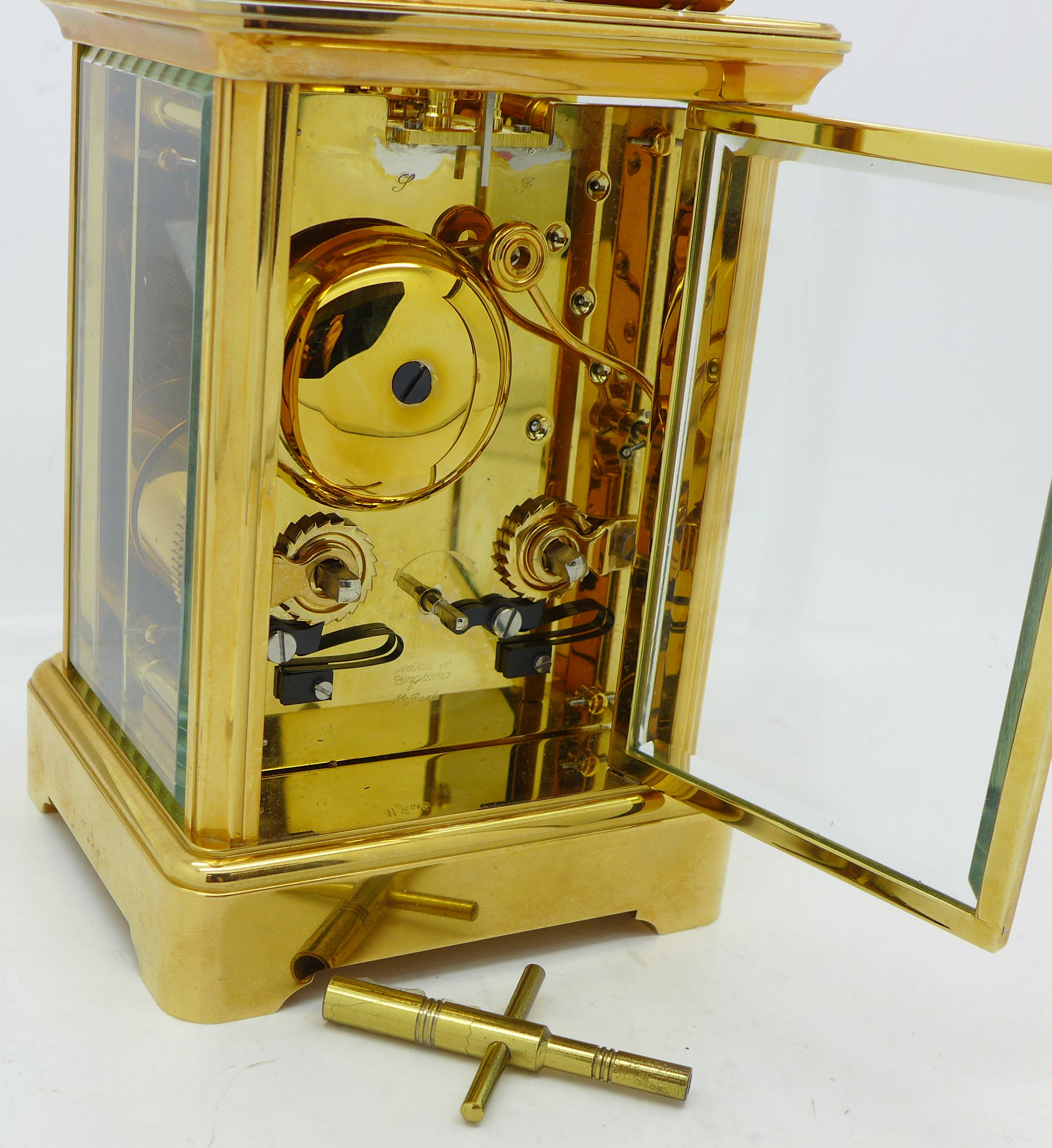 A carriage clock, with strike movement, John Morley, made in England, with box, height 13. - Image 3 of 5