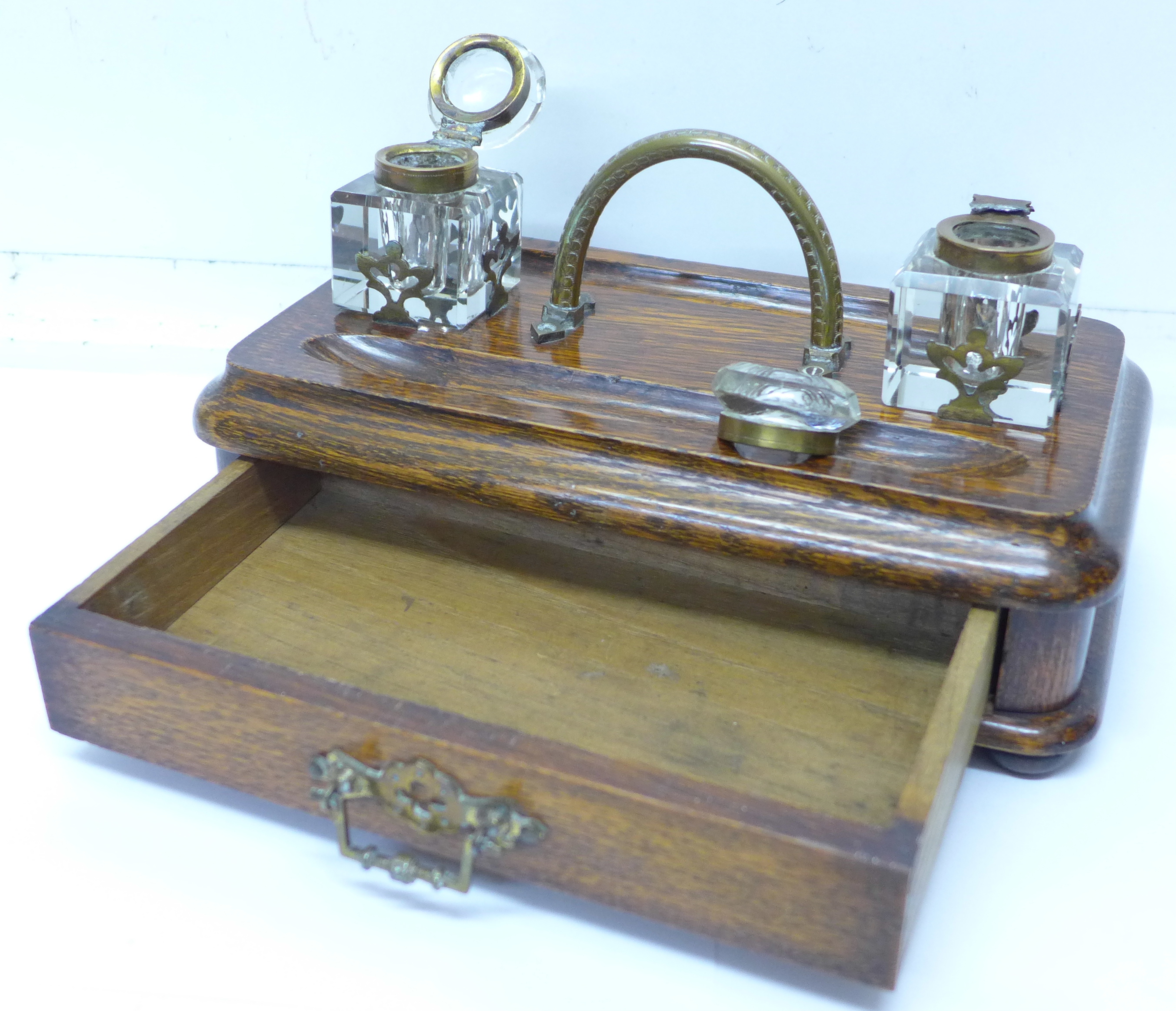 An oak standish with drawer, one inkwell a/f, - Image 2 of 2