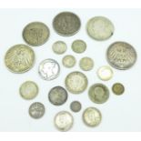 Silver coins including 1893 Indian one Rupee, two Deutsches drei marks, an 1880 Maundy 1d,