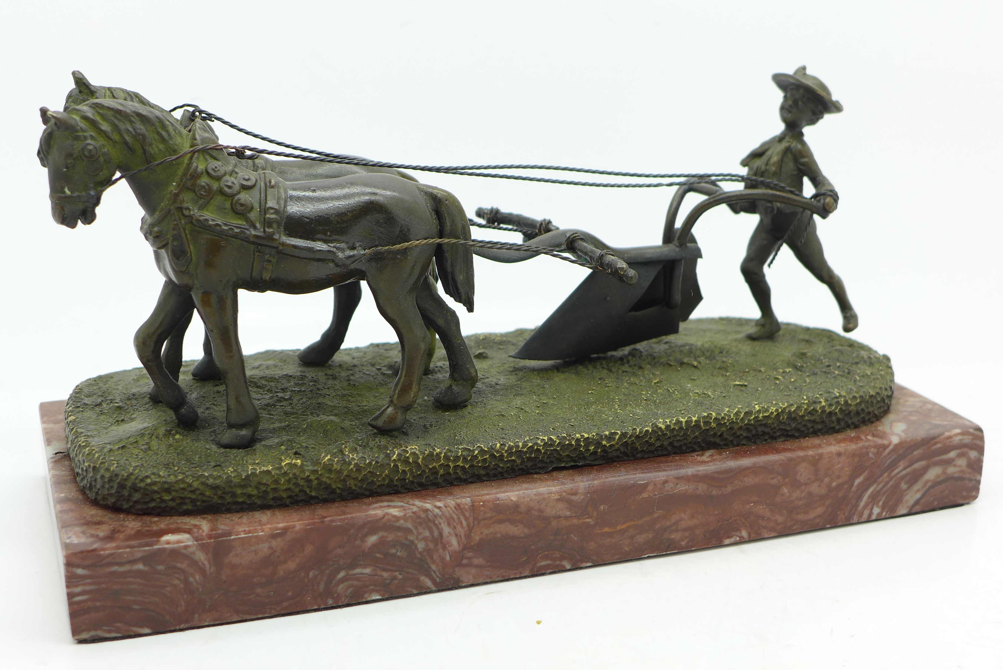 A continental bronze figure, two horses ploughing, on base, marked Andre, length of base 22. - Image 4 of 4