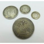 Four George III silver coins including a 1762 3d and an 1820 crown