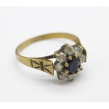 A 9ct gold, blue and white stone cluster ring, 2.