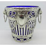 A silver wine cooler with blue glass liner, London 1903, import, Edwin Thompson Bryant, 341g,