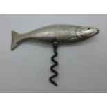 A Victorian silver mounted corkscrew in the form of a fish, Birmingham 1895, Henry Wells,