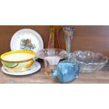 A carnival glass vase, a glass bowl, two glass vases, Myott fruit bowl,