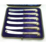 A cased set of six pistol grip silver handled knives