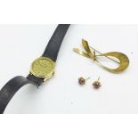 A lady's 9ct gold Certina wristwatch with inscription, a 9ct gold brooch, 4.