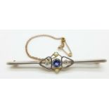 A yellow and white metal, sapphire, diamond and pearl brooch, boxed, 5.