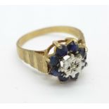 A 9ct gold, diamond and sapphire cluster ring, 2.