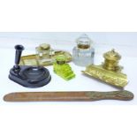 Four inkwells including Art Nouveau, brass and glass, green inkwell a/f,