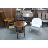 An oak bureau, drop leaf table, stools, etc.