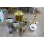 A brass lamp, brass hanging light,