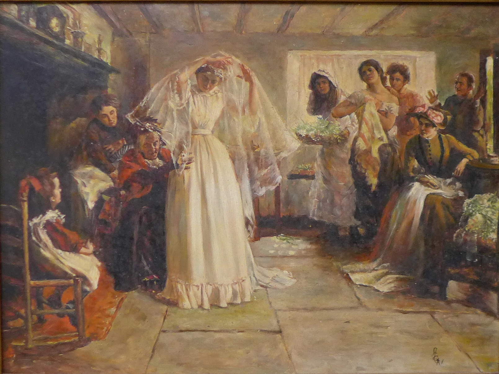 An interior scene with bridal party, oil on board, 29 x 40cms,