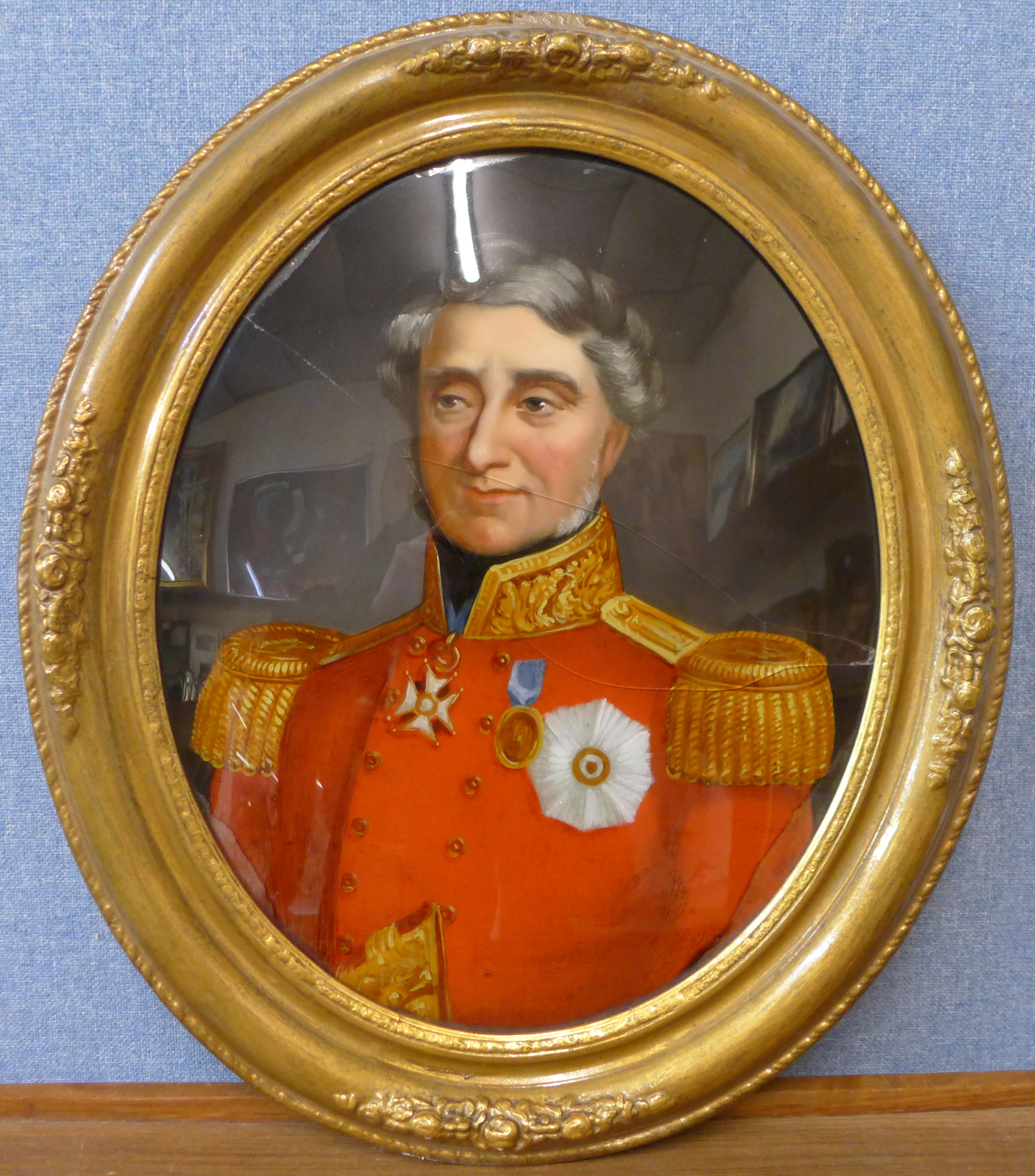 English School, oval half portrait of the Duke of Wellington, reverse oil painting on glass