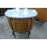 A French Louis XV style inlaid mahogany and marble topped demi-lune side cabinet