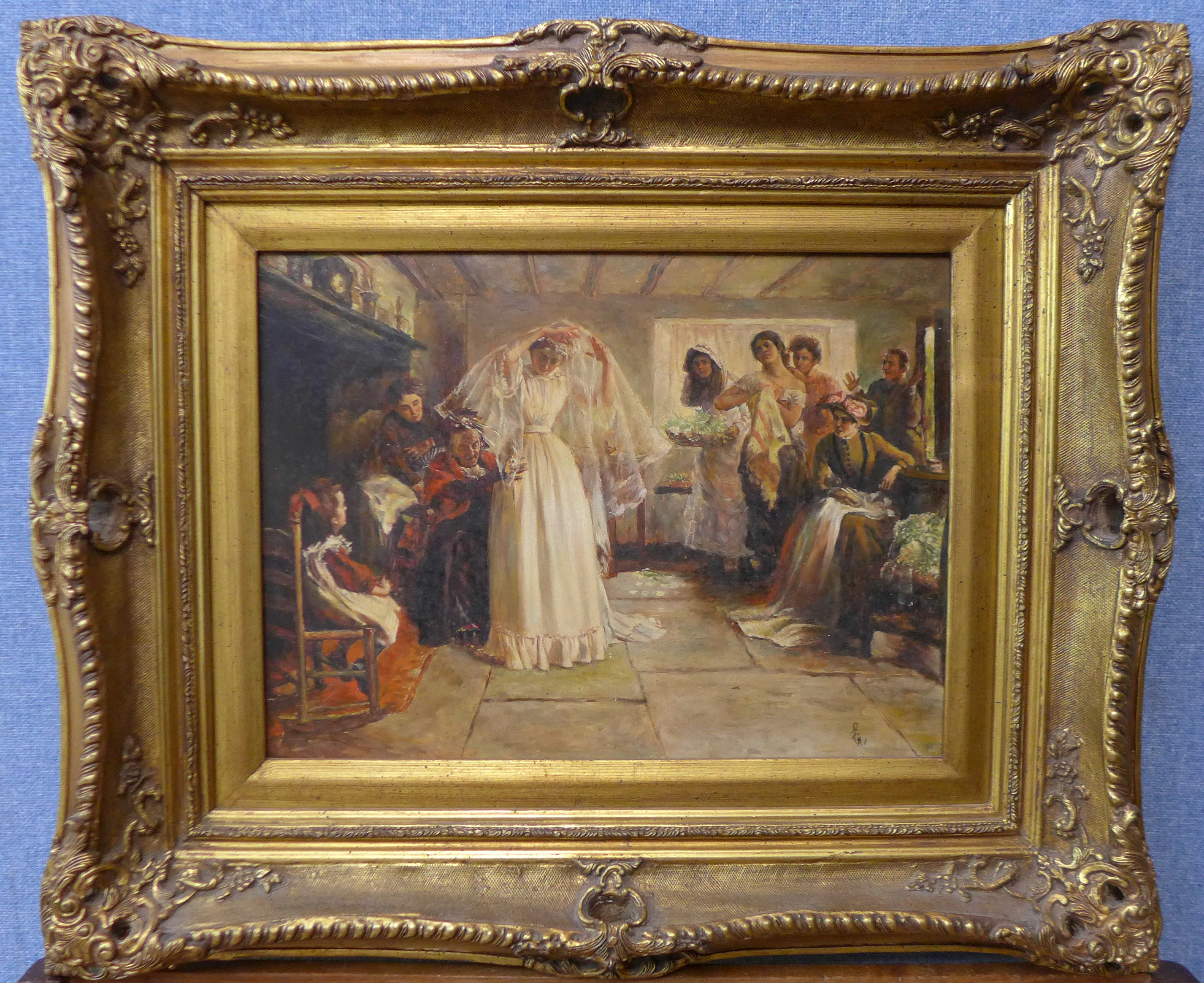 An interior scene with bridal party, oil on board, 29 x 40cms, - Image 2 of 2