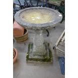 A concrete bird bath