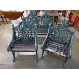 A Coalbrookdale type Gothic pattern cast iron garden bench and pair of chairs
