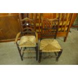 A rush seated child's chair and a George III oak and rush seated chair