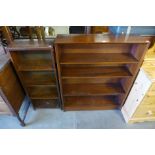 An oak open bookcase and mahogany open bookcase