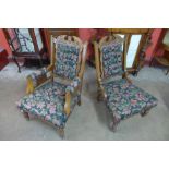 A pair of Victorian walnut and upholstered chairs