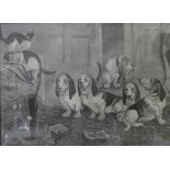 A black and white print of cats and dogs,