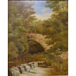 English School, river landscape with figures on a bridge, oil on canvas, 50 x 40cms,