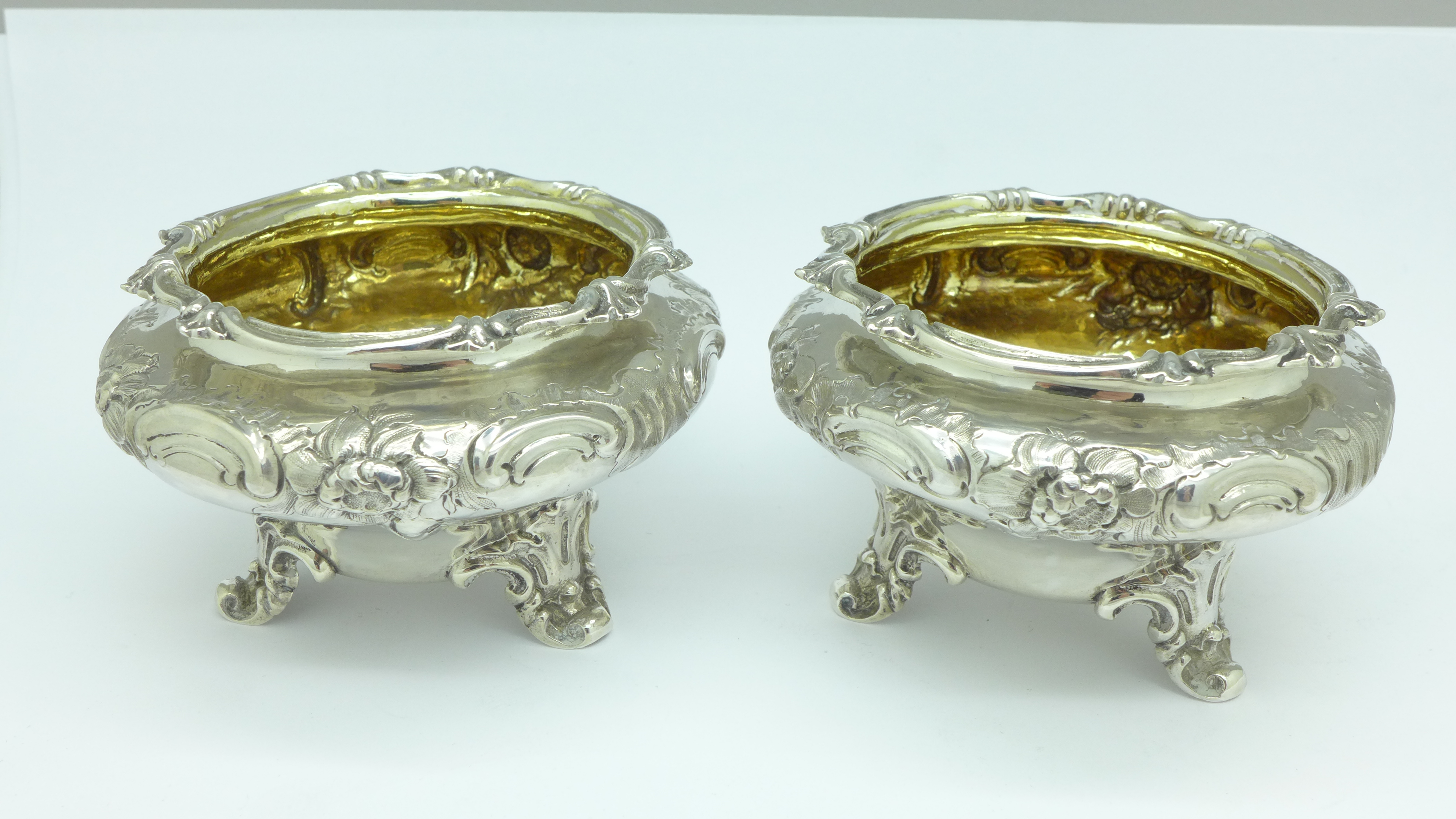A pair of Victorian silver gilt salts, London 1842,