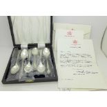 A cased set of six silver plated teaspoons, owned and donated by HM Queen Mother, 1996,