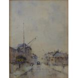 French School,street scene, watercolour, indistinctly signed, 19 x 14cms,