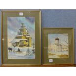 Eastern European School, two views of churches, watercolour,