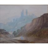 English School, Corfe Castle and Cornish landscape, watercolour, 23 x 24cms,