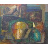 St Ives School, abstract still life, oil on canvas, indistinctly signed top left, 57 x 67cms,