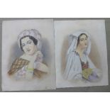 Two Victorian watercolour portraits, gypsy women,