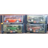 Three Burago and one Maisto 1:18 scale model vehicles, Dodge Viper, Porsche, 2 x Lamborghini,