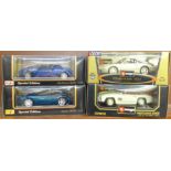 Two Maisto and two Burago 1:18 scale model vehicles, Alfa Romeo Spider, Jaguar XK180,