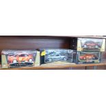 Three Burago and one Maisto 1:18 scale model vehicles, VW Beetle, Ferrari GTO Rally,