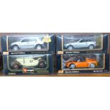 Three Maisto and one Burago 1:18 scale model vehicles, Mercedes-Benz ML320 Opel Speedster,