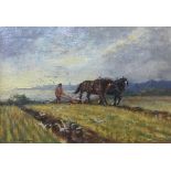 English School, ploughing scene, oil on panel, indistinctly signed,