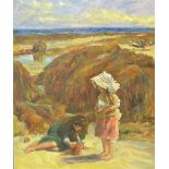 A landscape with children on a beach, oil on canvas,