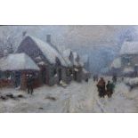 English School (early 20th Century), winter landscape with figures by a cottage, oil on canvas,