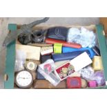 A box of assorted clock and watch parts, watch opening tool, jewellery, boxes, etc.