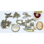 Silver jewellery including bracelets and a mounted 1910 Drei mark coin,