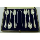 A cased set of six silver coffee spoons with sugar bows, Goldsmiths & Silversmiths Co.
