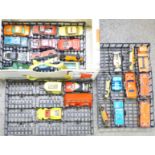 Approximately twenty-five die-cast cars including Matchbox and Ertl in a carry case