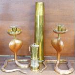 Two brass candlesticks in the form of cobras,