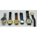 A collection of six wristwatches; Oskar Emil 800 Series, Timex Moonphase, Accurist alarm quartz,