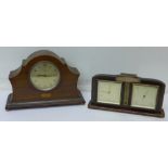 An eight-day clock with wooden inlay and a Smiths combined clock and barometer with inscription on
