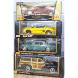 Four 1:18 scale model vehicles; three Maisto and one Burago, Chevrolet Fleetmaster,