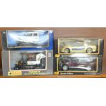 Four 1:18 scale model vehicles; two Maisto and two others, Gulastrand Corvette, Porsche Cayenne S,